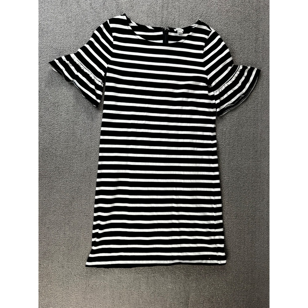 J.Crew Dress Womens Small Black White Striped‎ Ruffle Sleeve Cotton Shift Casual